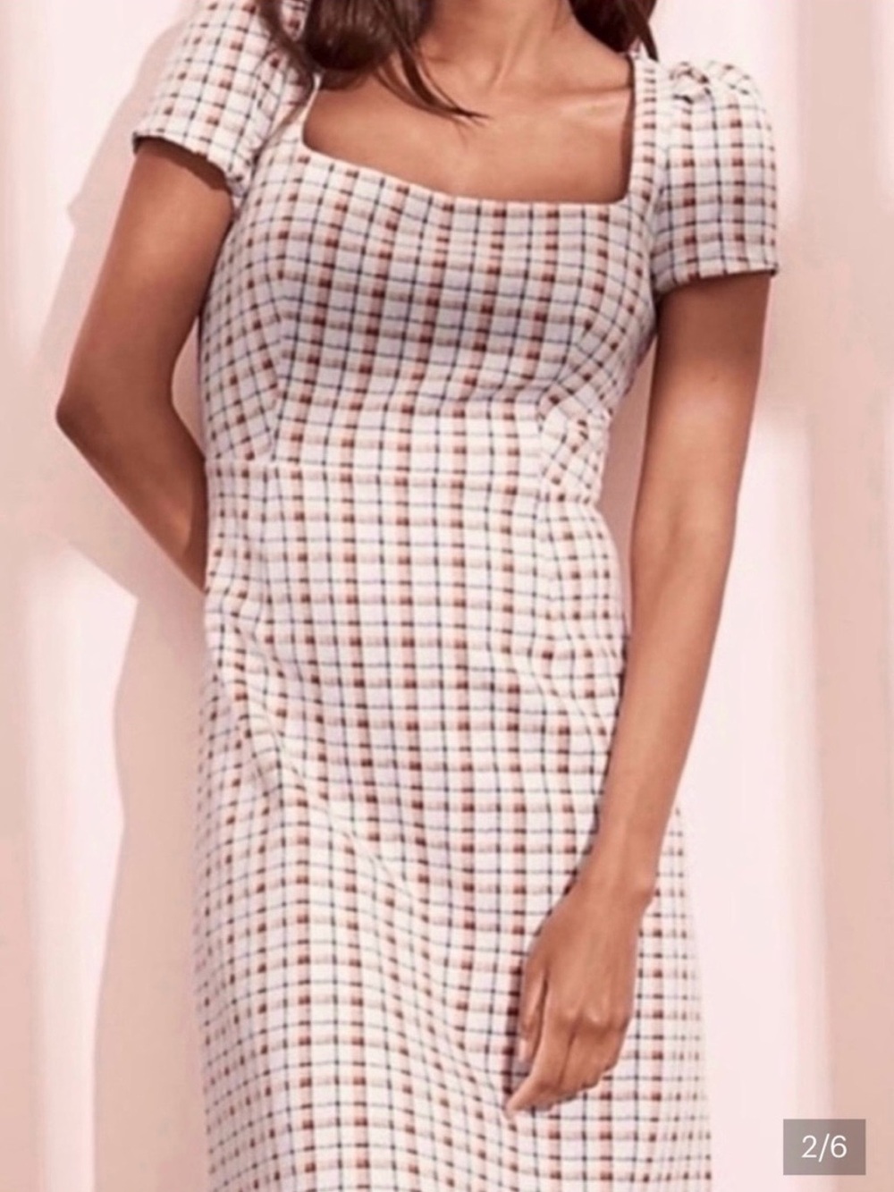 Plaid square neck puffed sleeved preppy sheath dress 2p